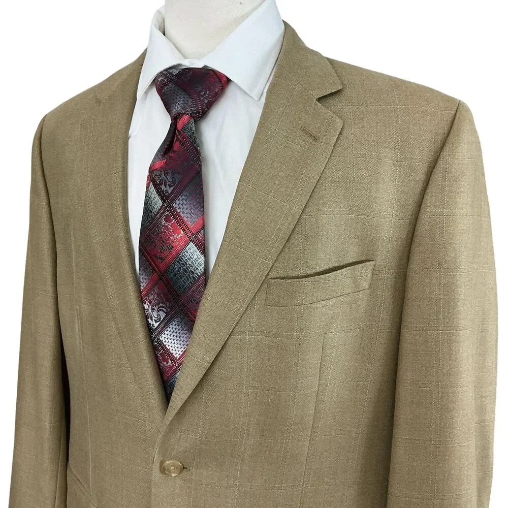 Ralph Lauren Jacket Blazer Sport Coat 44R Silk Wool Beige Windowpane 2-BTN Tan
